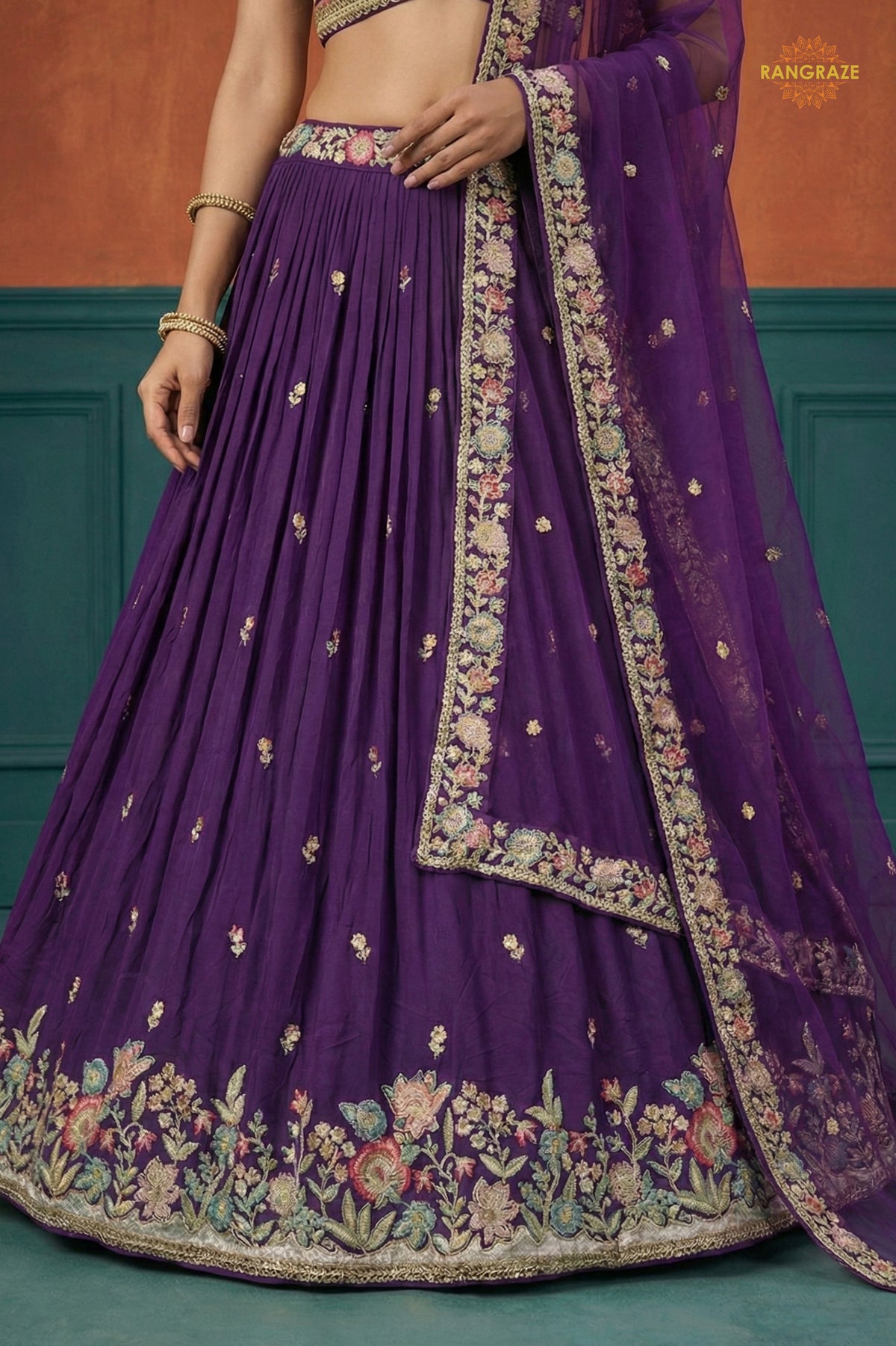 Deep Violet Embroidered Semi-Stitched Georgette Lehenga Set