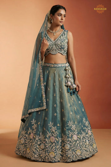 Dusty Green Embroidered Semi-Stitched Tissue Lehenga Set