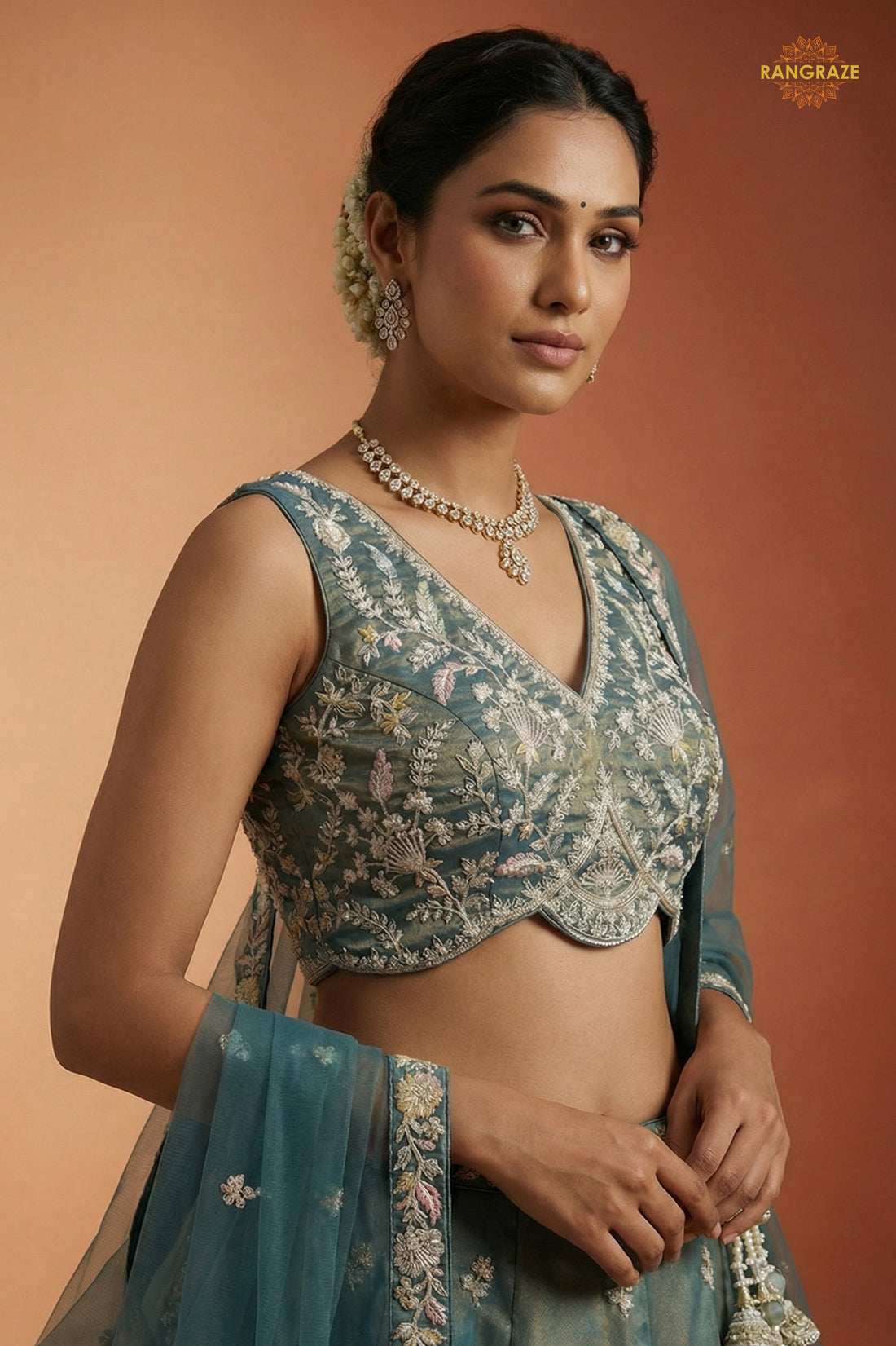 Dusty Green Embroidered Semi-Stitched Tissue Lehenga Set