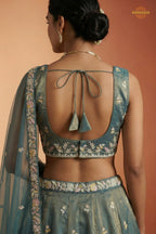 Dusty Green Embroidered Semi-Stitched Tissue Lehenga Set