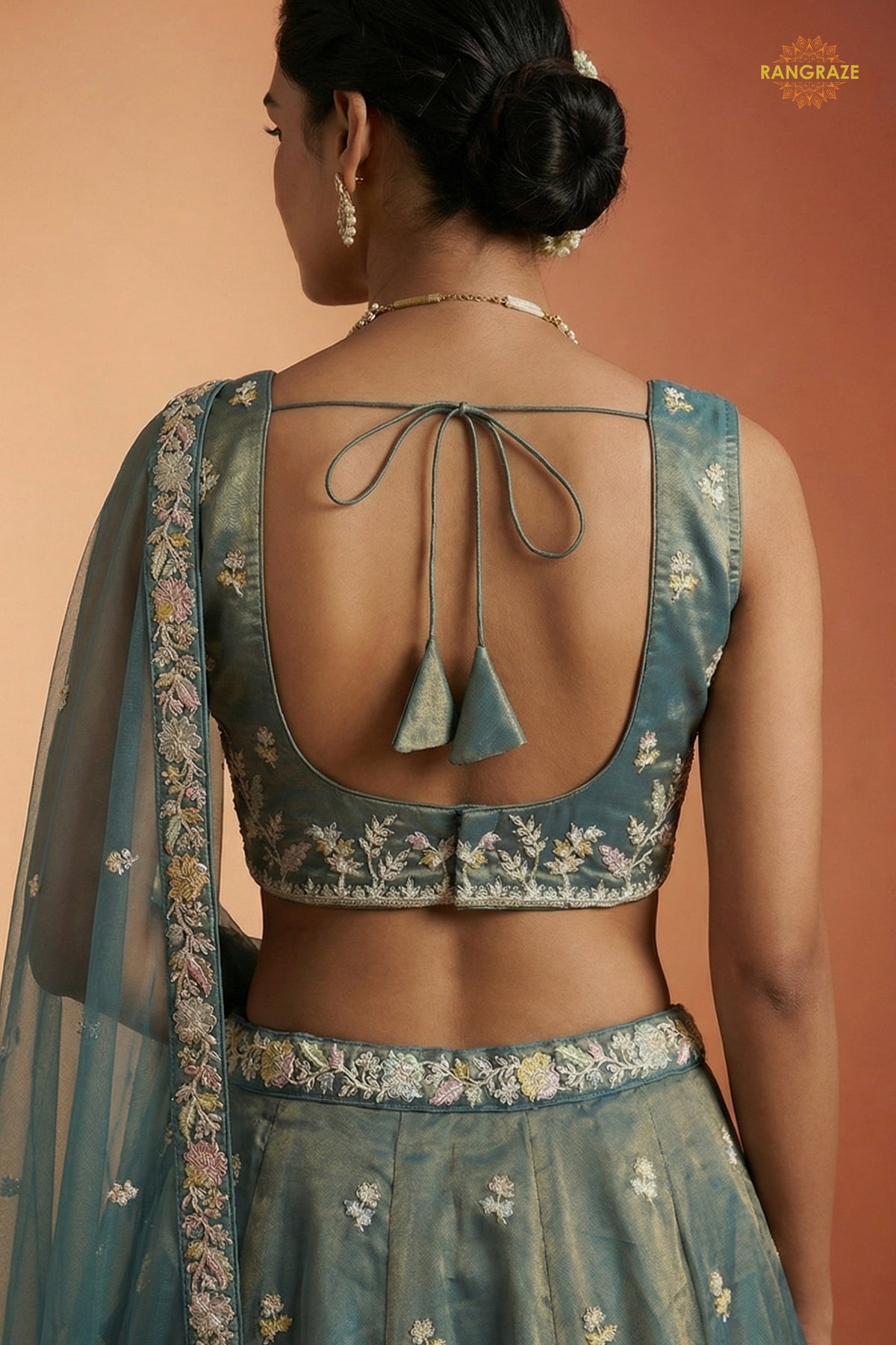Dusty Green Embroidered Semi-Stitched Tissue Lehenga Set