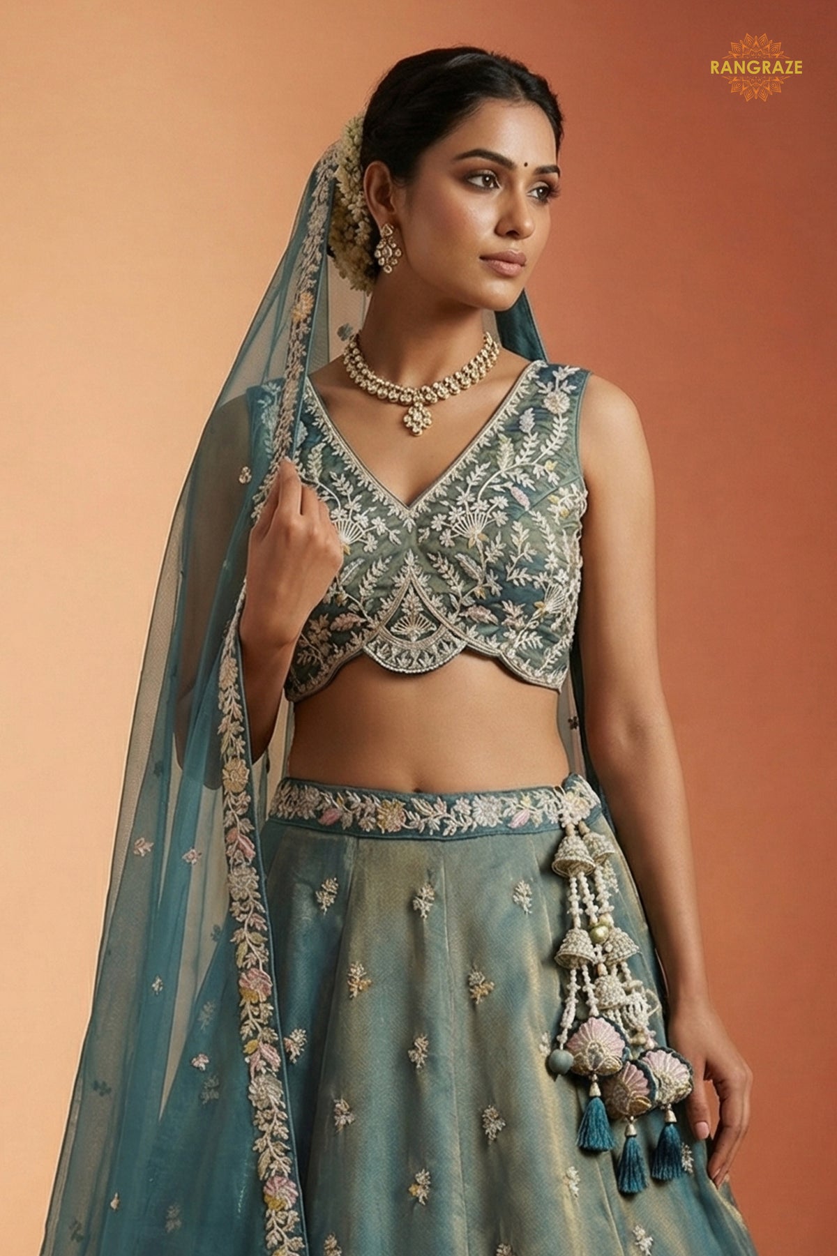 Dusty Green Embroidered Semi-Stitched Tissue Lehenga Set