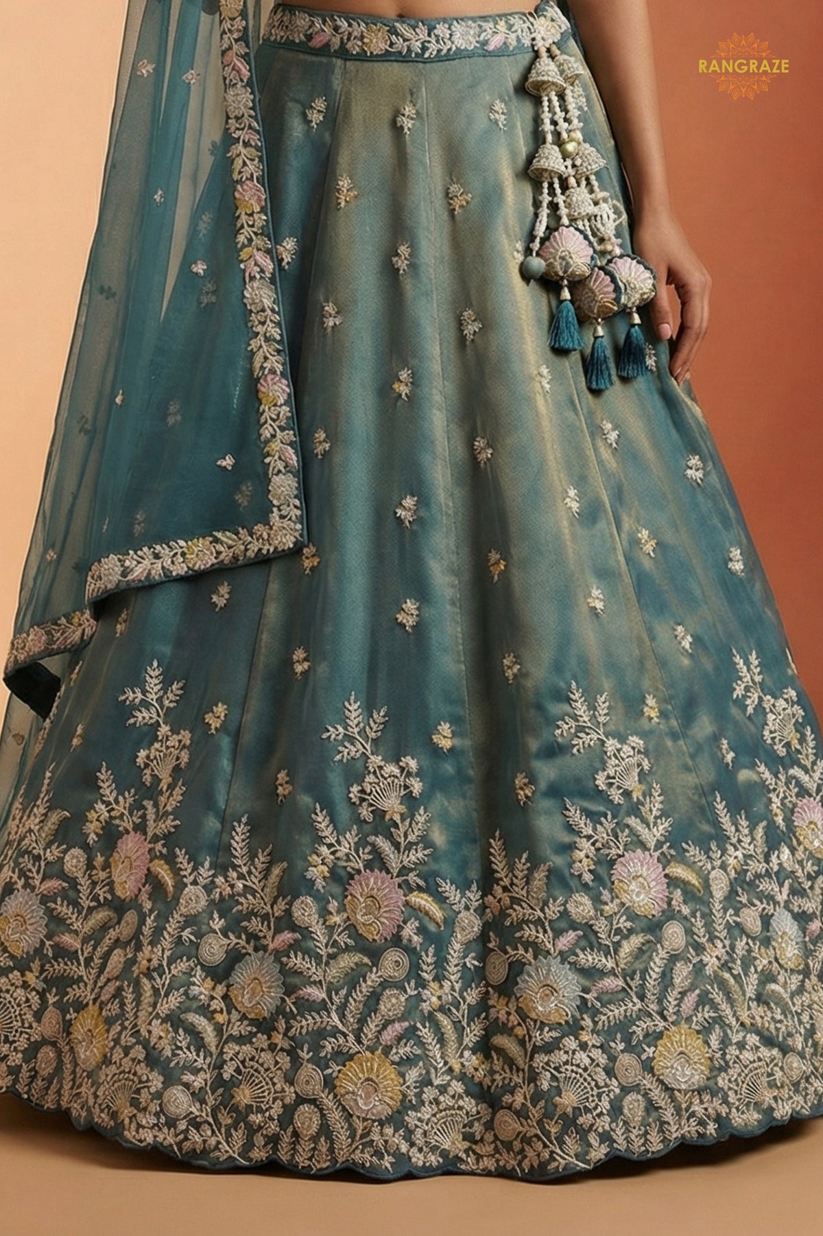 Dusty Green Embroidered Semi-Stitched Tissue Lehenga Set