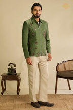 Green Embroidered Velvet Men Jacket and Pant Set with Mirror Work