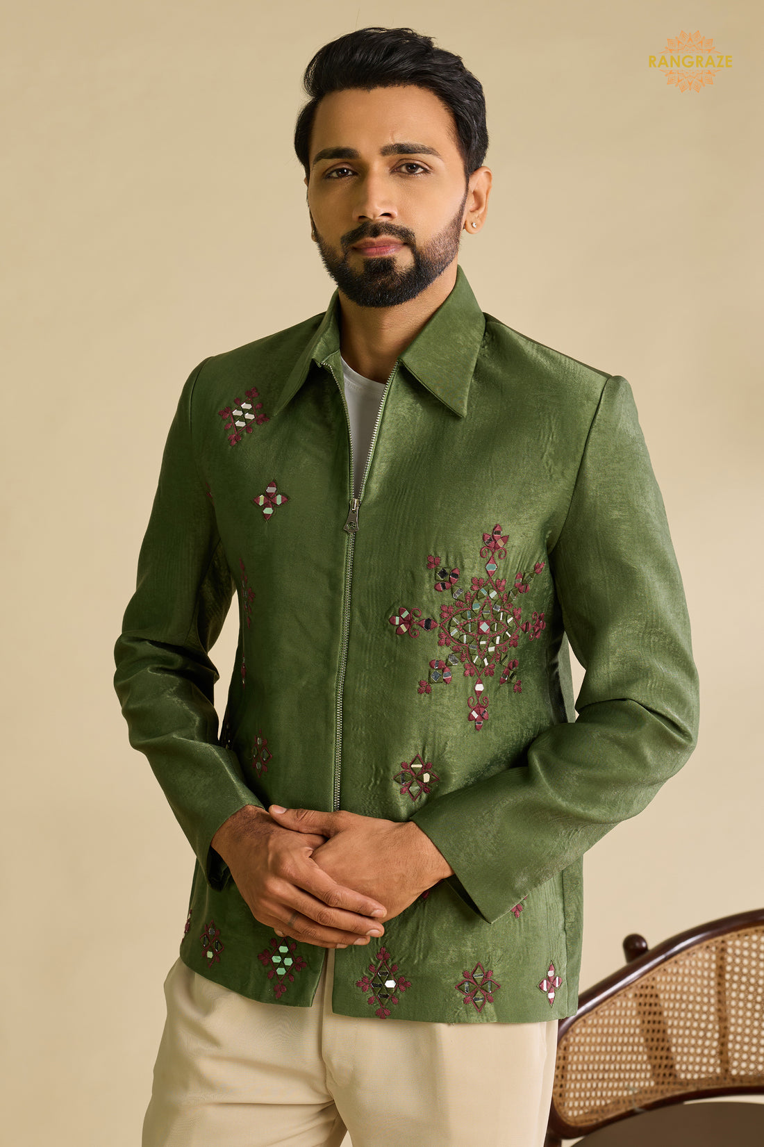 Green Embroidered Velvet Men Jacket and Pant Set with Mirror Work