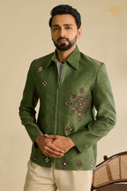 Green Embroidered Velvet Men Jacket and Pant Set with Mirror Work