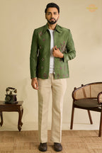 Green Embroidered Velvet Men Jacket and Pant Set with Mirror Work