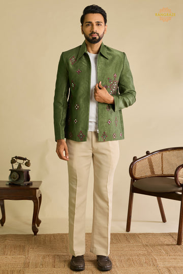 Green Embroidered Velvet Men Jacket and Pant Set with Mirror Work