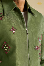 Green Embroidered Velvet Men Jacket and Pant Set with Mirror Work
