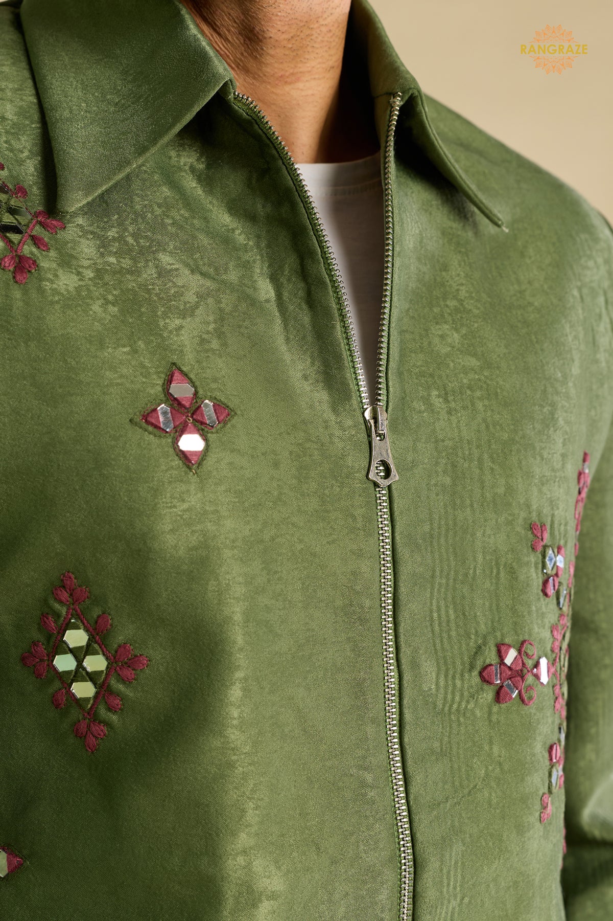 Green Embroidered Velvet Men Jacket and Pant Set with Mirror Work