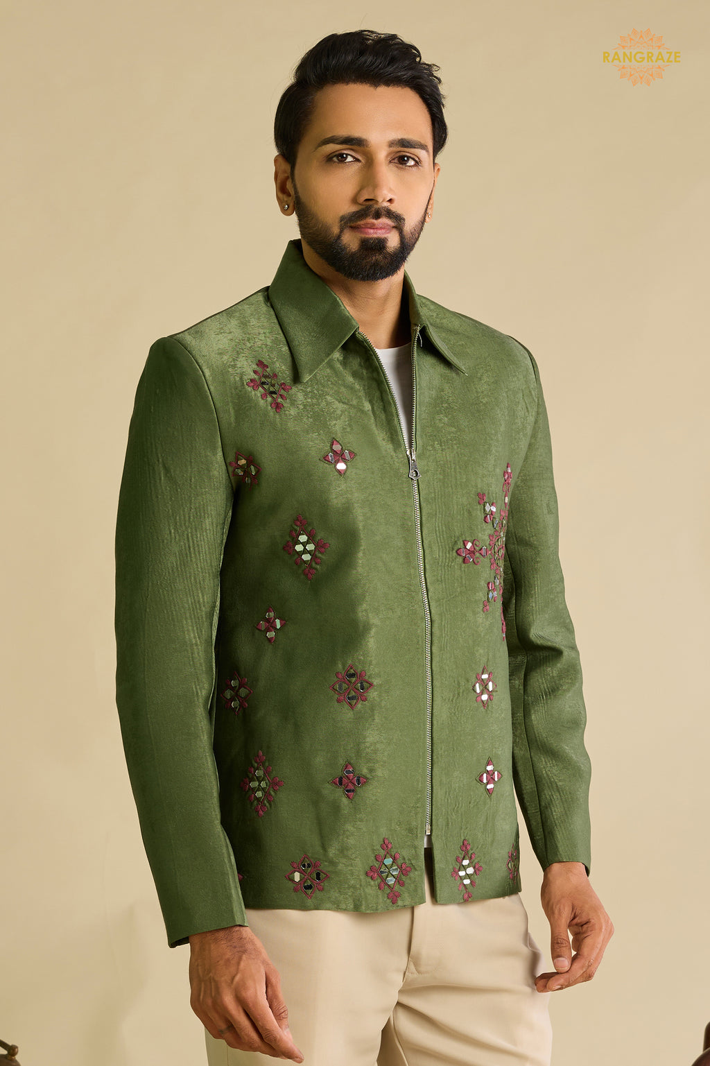 Green Embroidered Velvet Men Jacket and Pant Set with Mirror Work