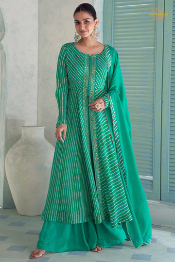 Green Stitched Embroidered Chinon Suit
