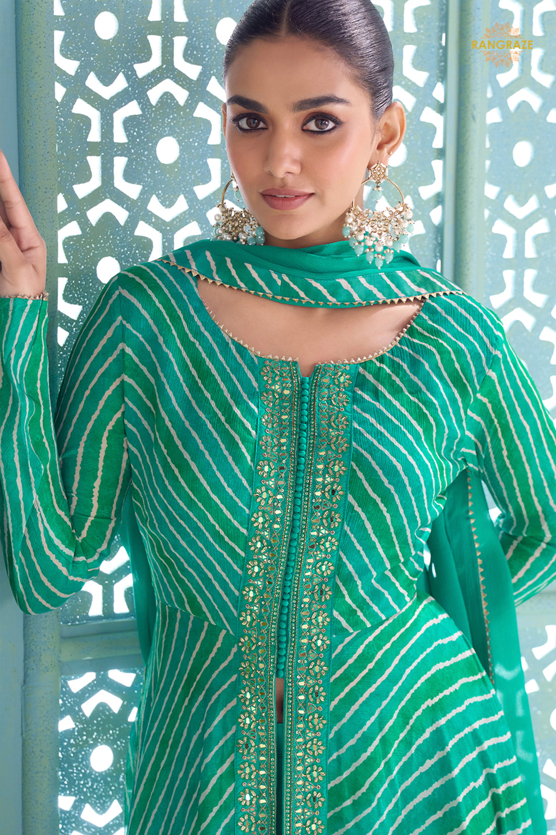 Green Stitched Embroidered Chinon Suit