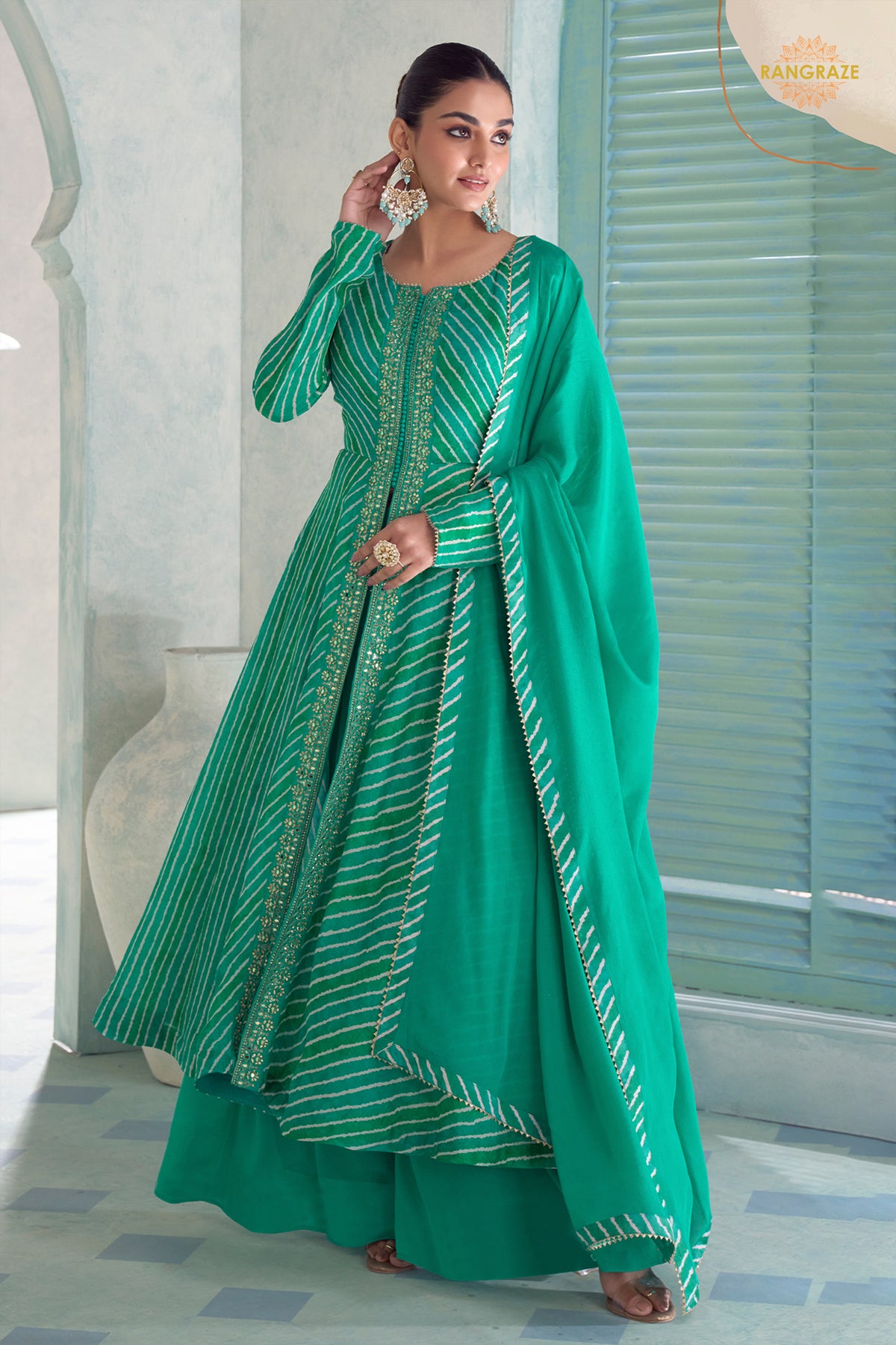Green Stitched Embroidered Chinon Suit
