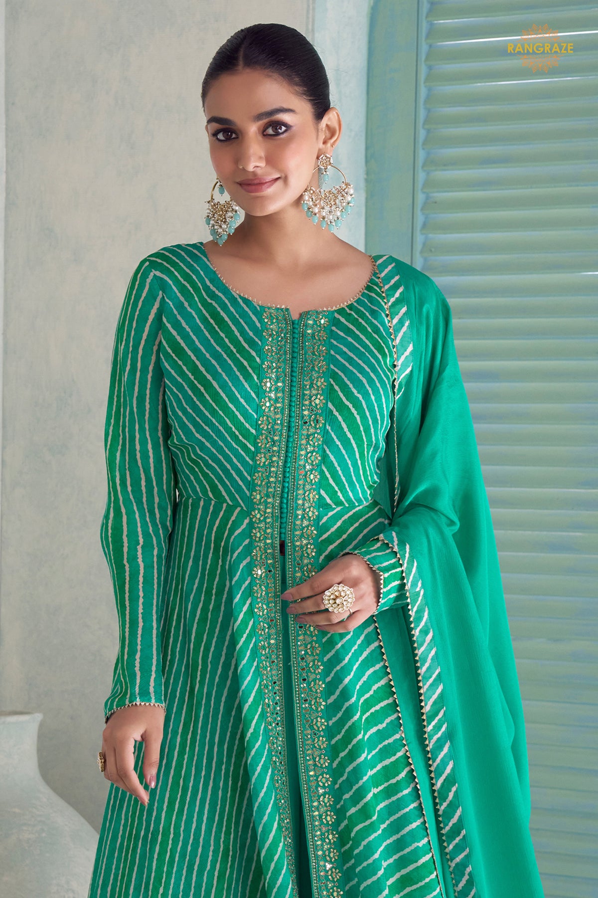 Green Stitched Embroidered Chinon Suit