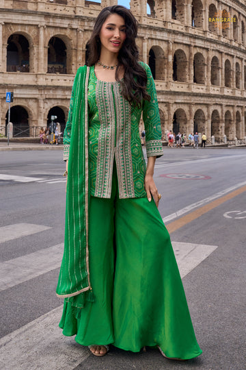 Green Stitched Embroidered Simar Palazzo Suit