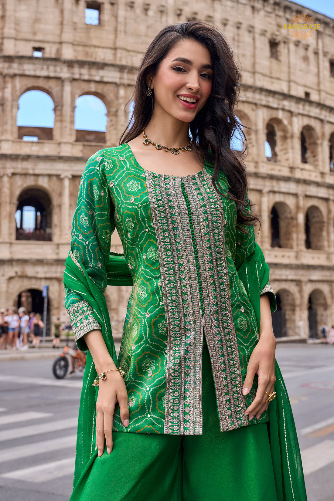 Green Stitched Embroidered Simar Palazzo Suit