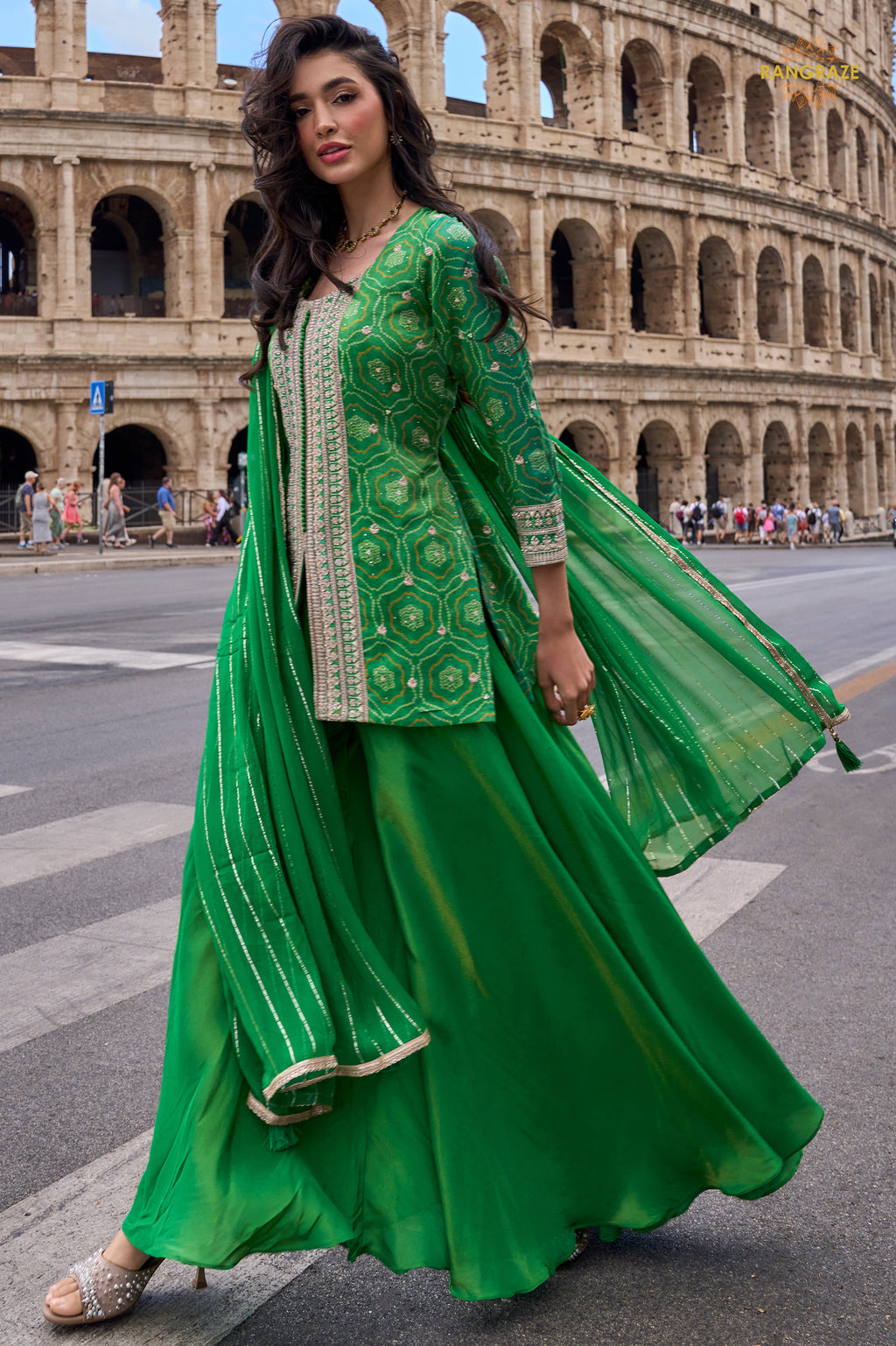 Green Stitched Embroidered Simar Palazzo Suit
