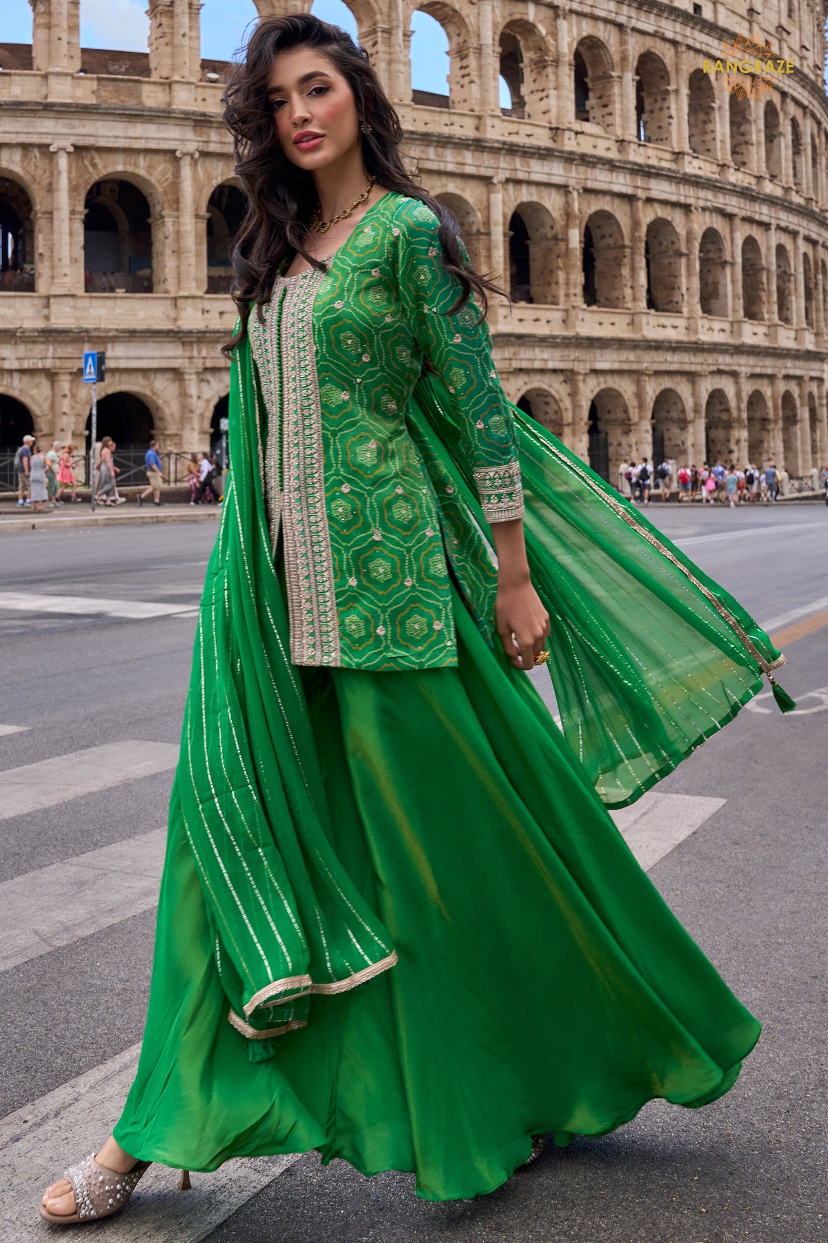 Green Stitched Embroidered Simar Palazzo Suit