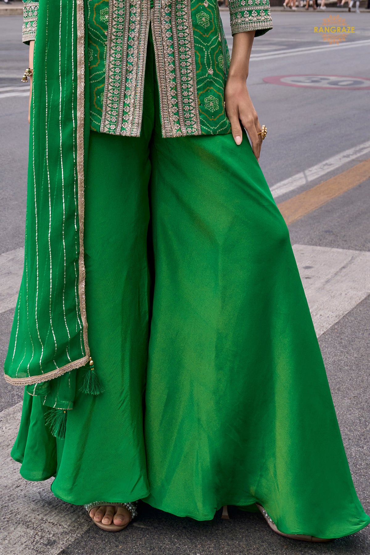 Green Stitched Embroidered Simar Palazzo Suit