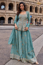 Grey Stitched Embroidered Simar Palazzo Suit