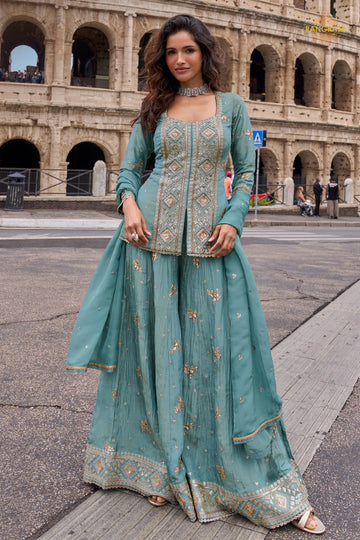 Grey Stitched Embroidered Simar Palazzo Suit