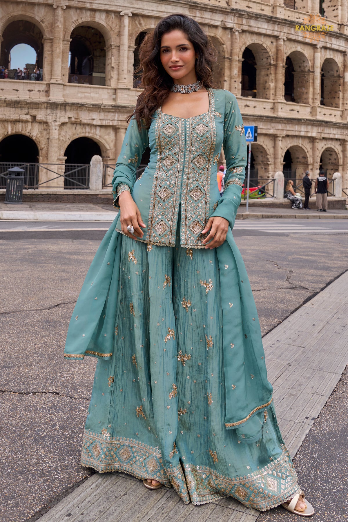Grey Stitched Embroidered Simar Palazzo Suit
