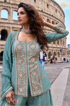 Grey Stitched Embroidered Simar Palazzo Suit