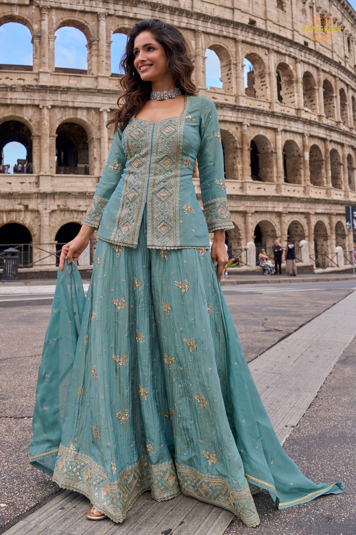 Grey Stitched Embroidered Simar Palazzo Suit