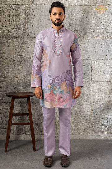 Lilac Embroidered Silk Men Kurta Pajama