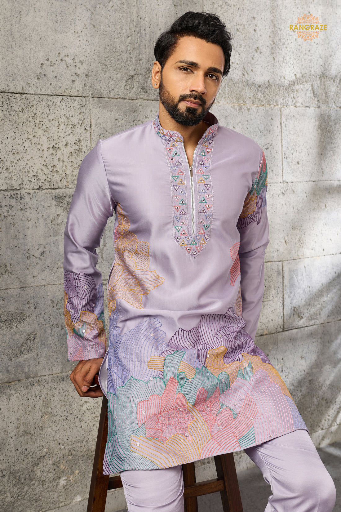 Lilac Embroidered Silk Men Kurta Pajama