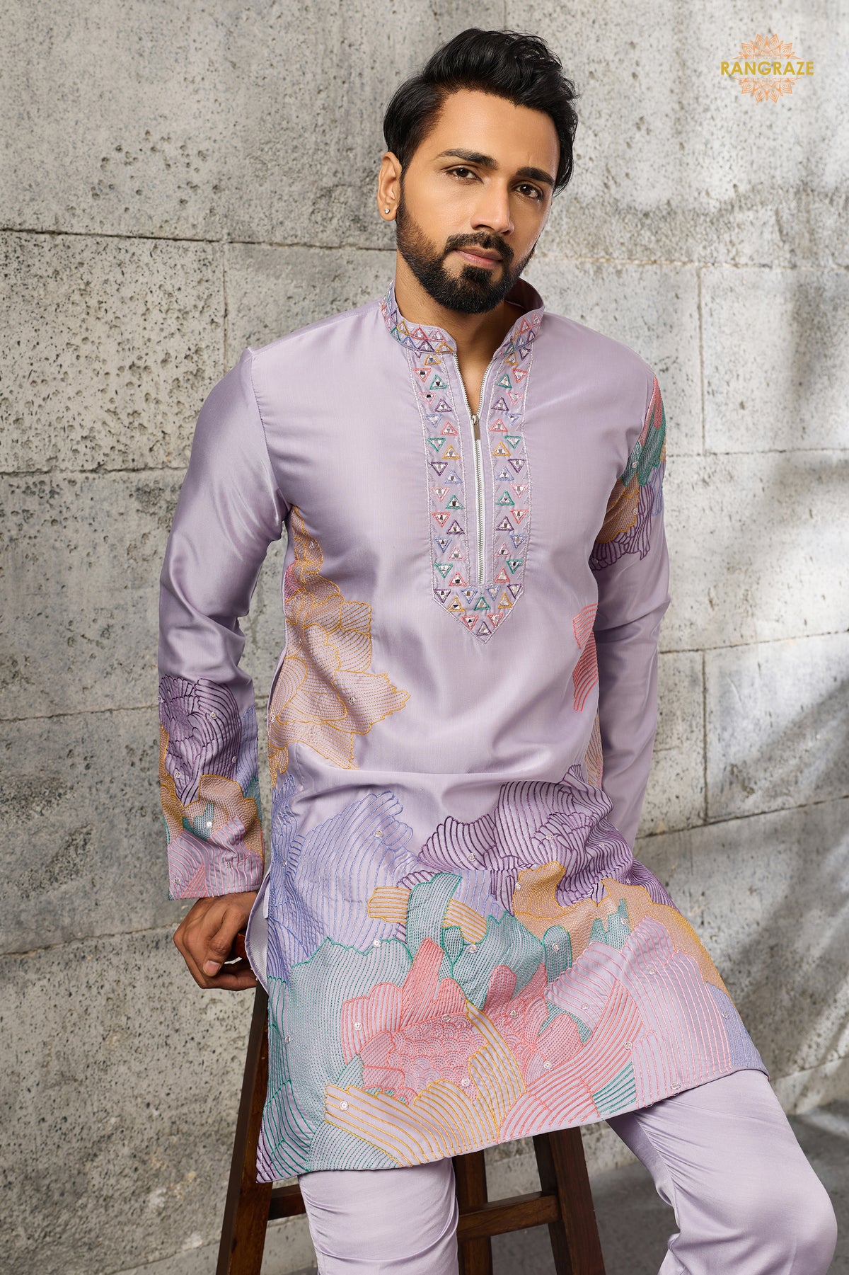 Lilac Embroidered Silk Men Kurta Pajama