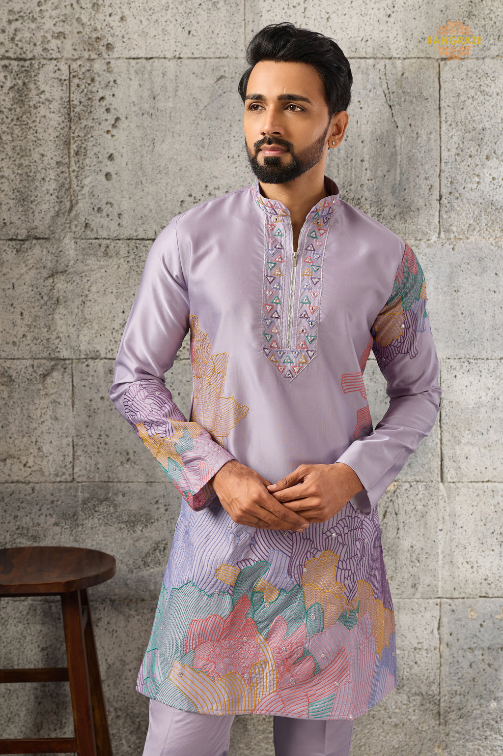 Lilac Embroidered Silk Men Kurta Pajama