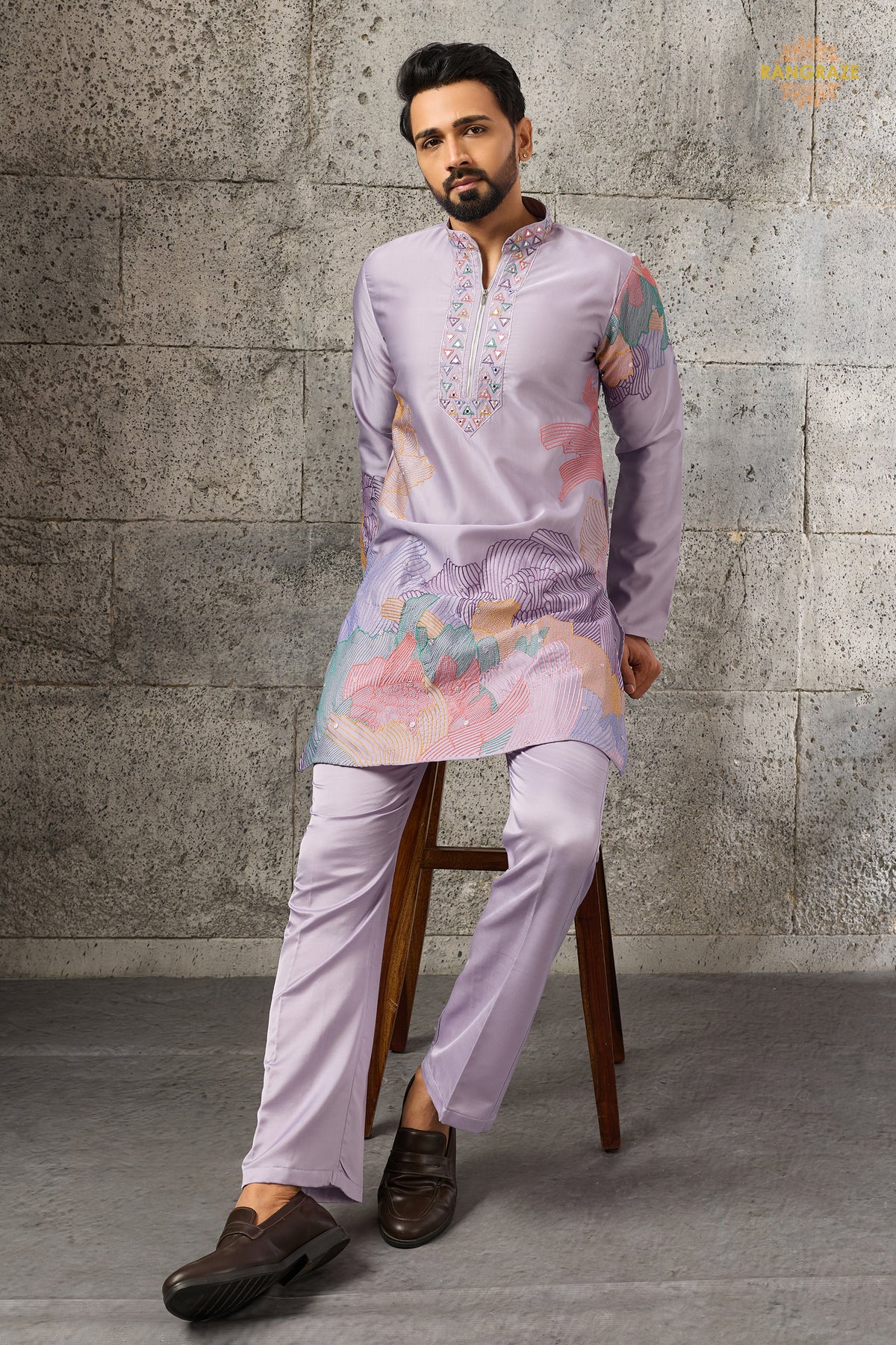 Lilac Embroidered Silk Men Kurta Pajama