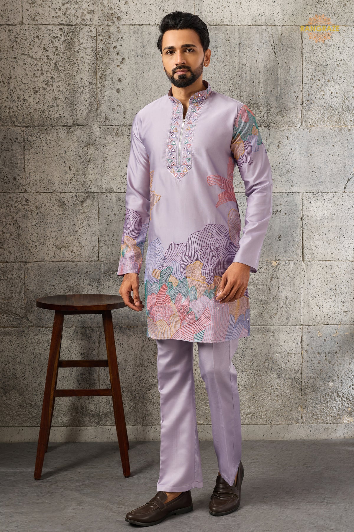 Lilac Embroidered Silk Men Kurta Pajama