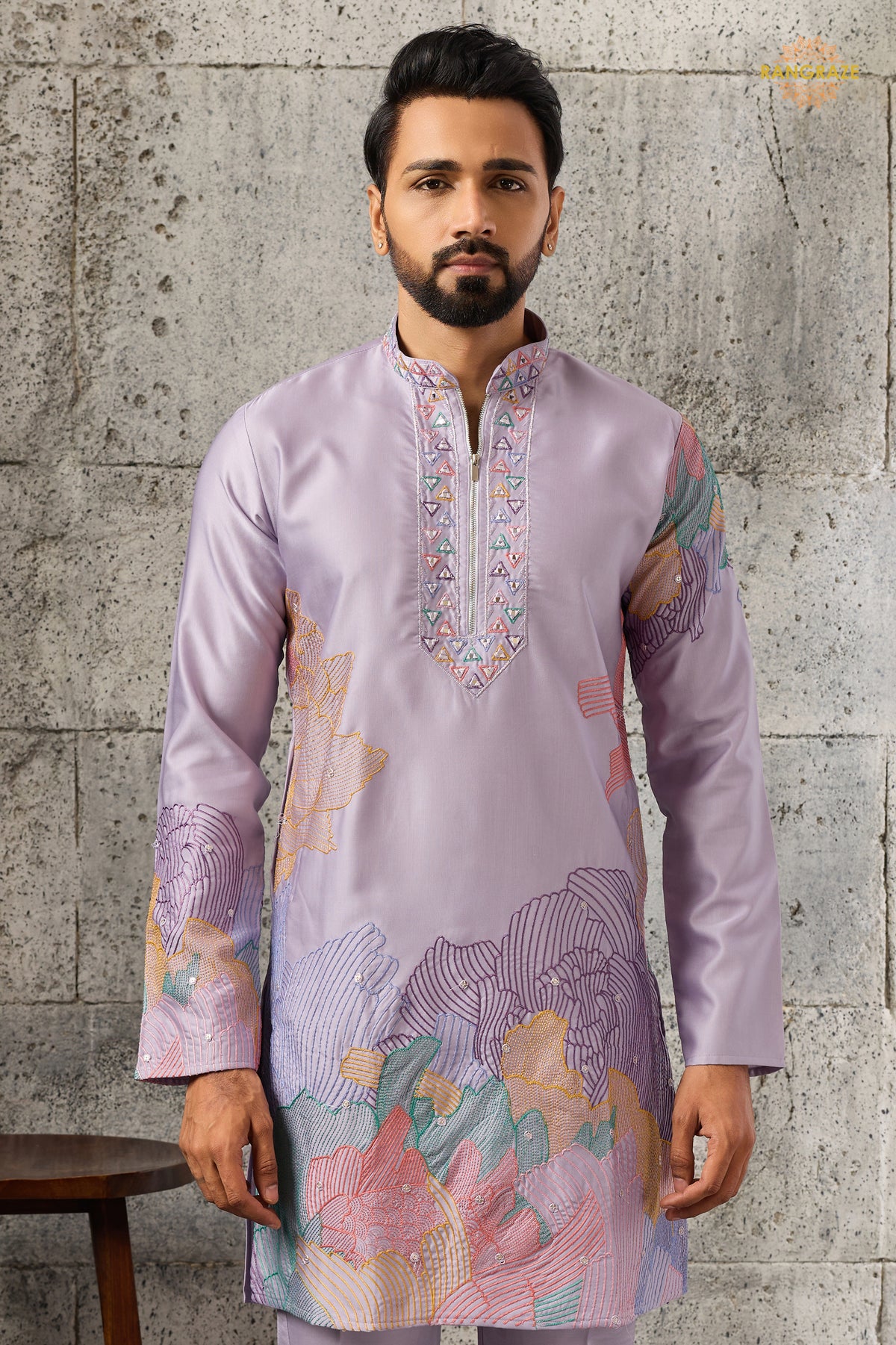 Lilac Embroidered Silk Men Kurta Pajama