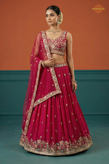 Magenta Pink Embroidered Semi-Stitched Georgette Lehenga Set