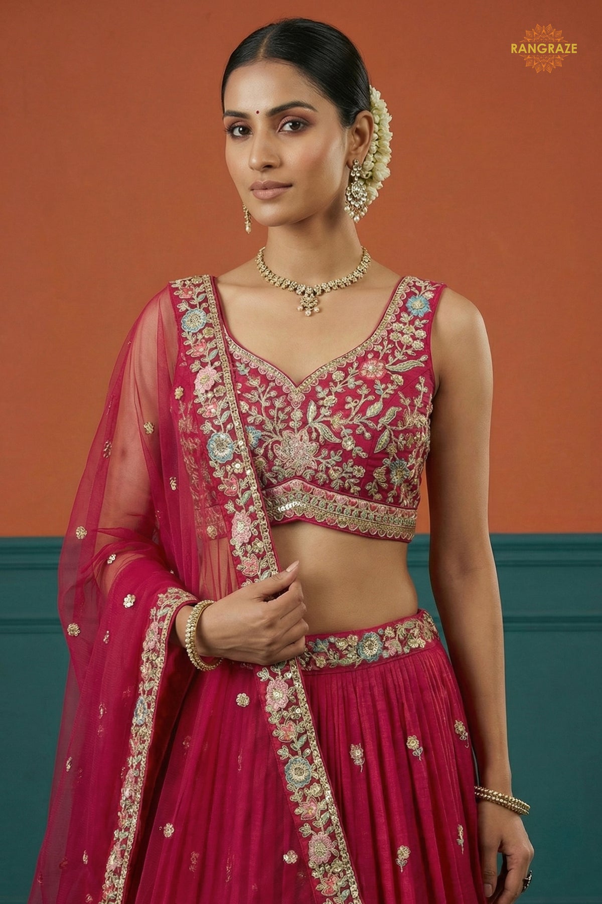 Magenta Pink Embroidered Semi-Stitched Georgette Lehenga Set