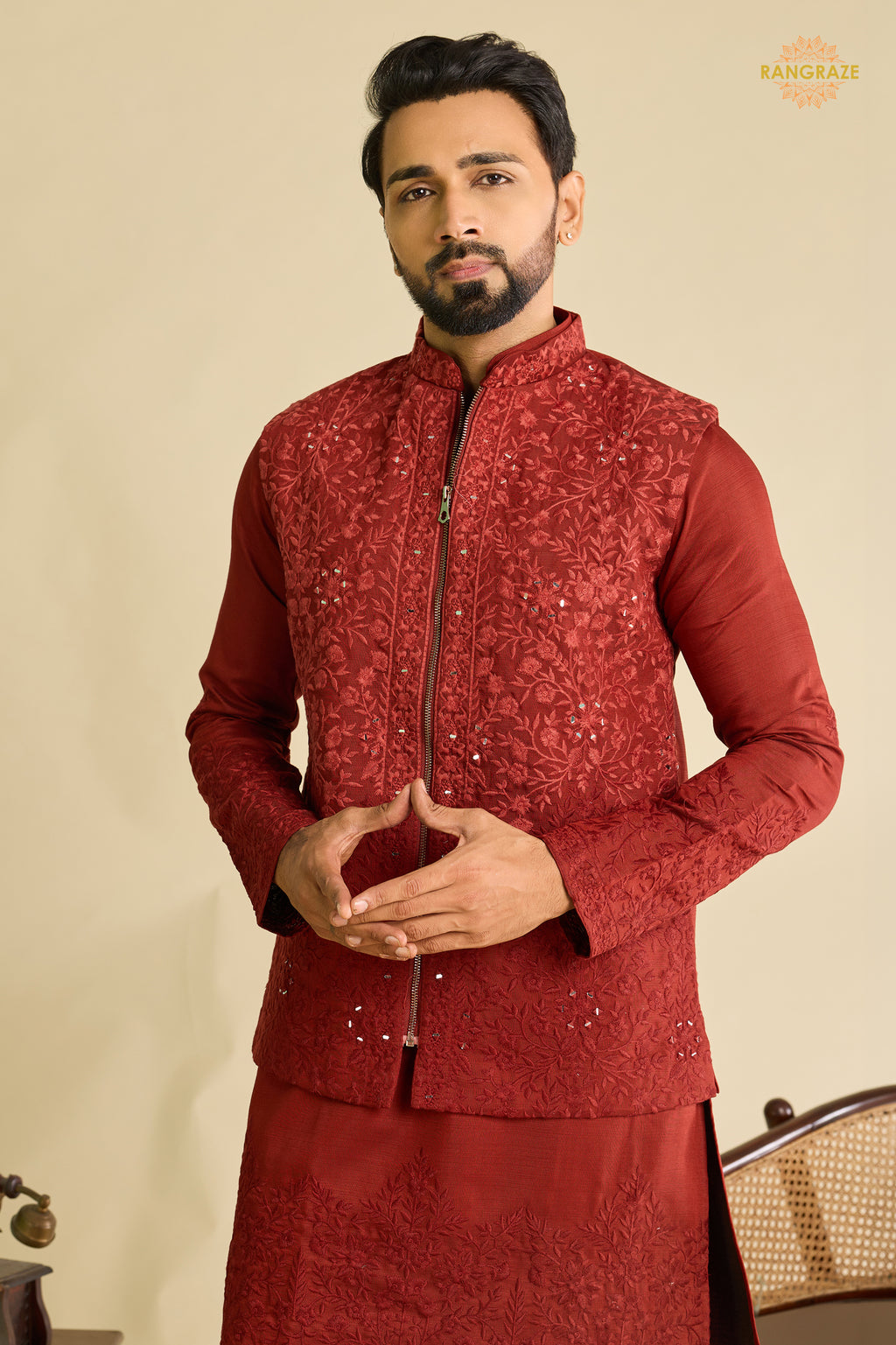 Maroon Embroidered Art Silk Men Kurta Pajama With Jacket