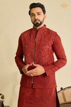 Maroon Embroidered Art Silk Men Kurta Pajama With Jacket