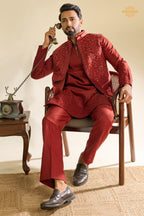 Maroon Embroidered Art Silk Men Kurta Pajama With Jacket