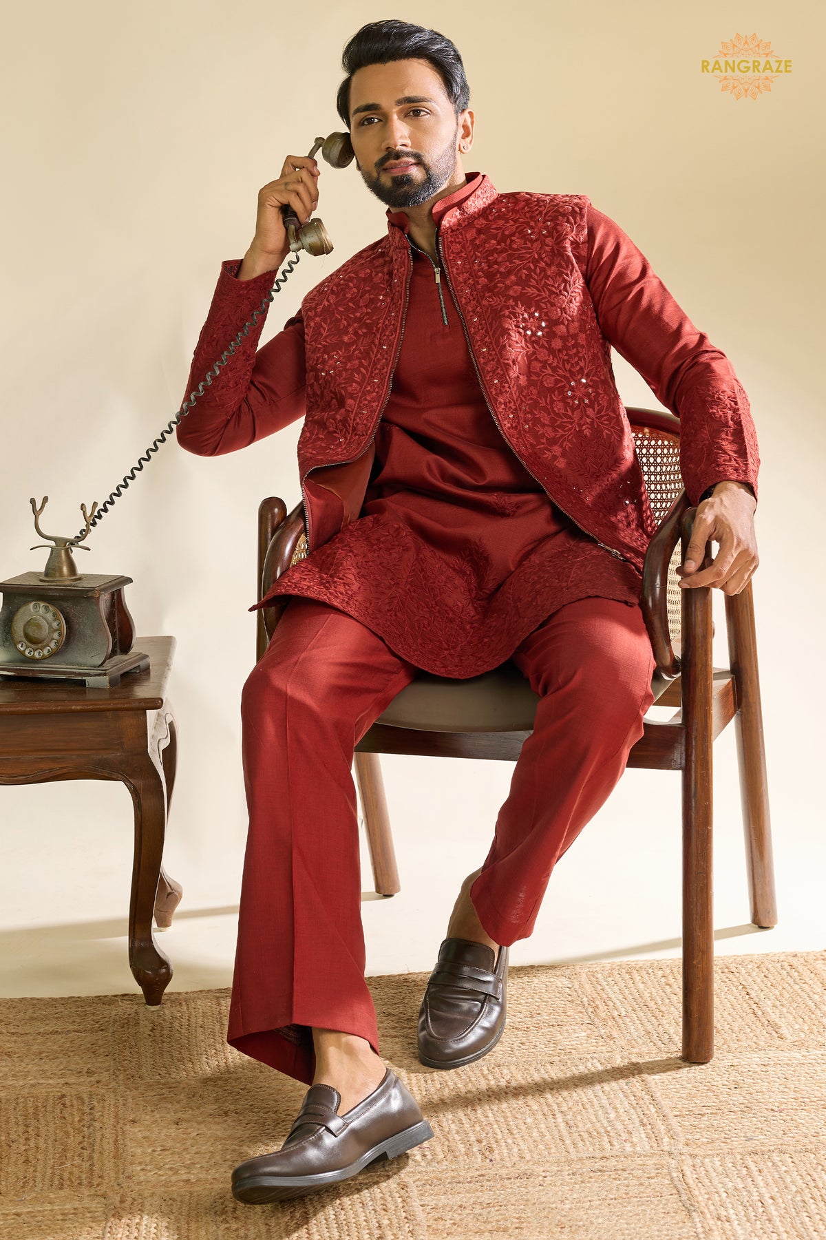 Maroon Embroidered Art Silk Men Kurta Pajama With Jacket