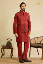 Maroon Embroidered Art Silk Men Kurta Pajama With Jacket