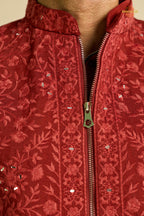 Maroon Embroidered Art Silk Men Kurta Pajama With Jacket