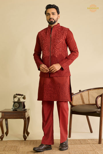 Maroon Embroidered Art Silk Men Kurta Pajama With Jacket