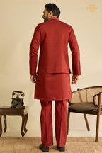 Maroon Embroidered Art Silk Men Kurta Pajama With Jacket