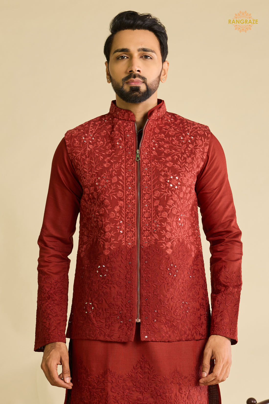 Maroon Embroidered Art Silk Men Kurta Pajama With Jacket