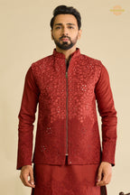 Maroon Embroidered Art Silk Men Kurta Pajama With Jacket