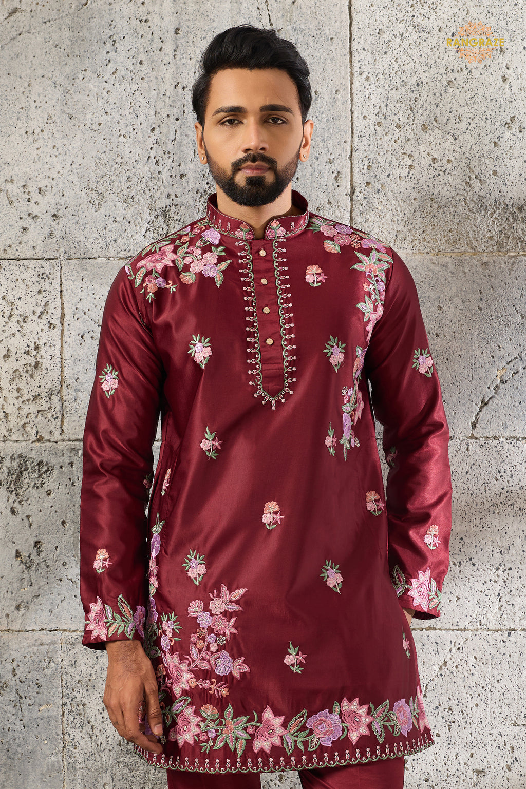 Maroon Embroidered Silk Men Kurta Pajama