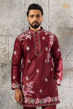 Maroon Embroidered Silk Men Kurta Pajama
